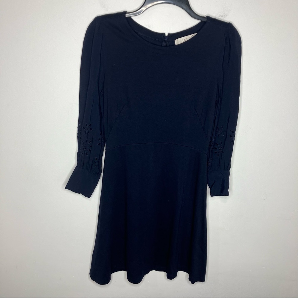 Loft Petites navy blue fit & flare dress eyelet sleeves‎ size 0P